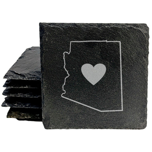 Rustic Slate Coasters Set of 4, Round 4" with Arizona Heart Design, Perfect for Holidays, Birthdays, Housewarming Gifts, She-Shed or Man Cave, Made in USA, Natural Chipped Edge, Rubber Feet