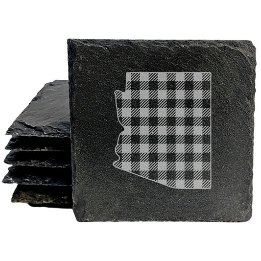 Rustic Slate Coasters Set of 4, Arizona Plaid Design, 4" Round, Natural Chipped Edge, Rubber Feet, , Perfect for Holidays, Birthdays, Housewarming, She-Shed, Man Cave, Made in USA