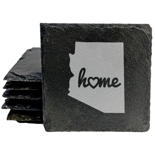Rustic Slate Coasters Set of 4, Round 4" with Arizona 'Home' Heart Design, Perfect Gift for Holidays, Birthdays, Housewarming, She-Shed, Man Cave, Made in Oregon, USA, Natural Chipped Edge