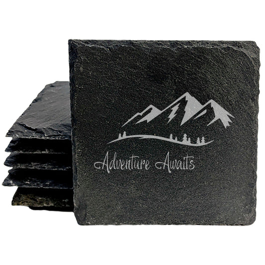 Rustic Slate Coasters Set - Laser Etched Adventure Awaits Design with Mountain Scene - Unique Home Decor Gift