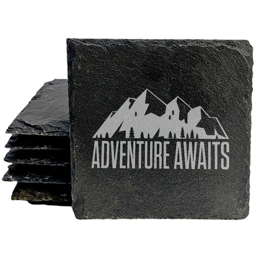 Rustic Slate Coasters Set - Laser Etched Adventure Awaits Design with Mountain Scene - Unique Home Decor Gift