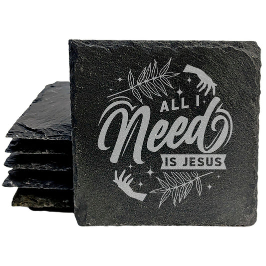 Faith and Hope: Laser Etched Slate Coasters - Laser Etched 'All I Need is Jesus' Design - Faithful Drink Mats for Home Decor