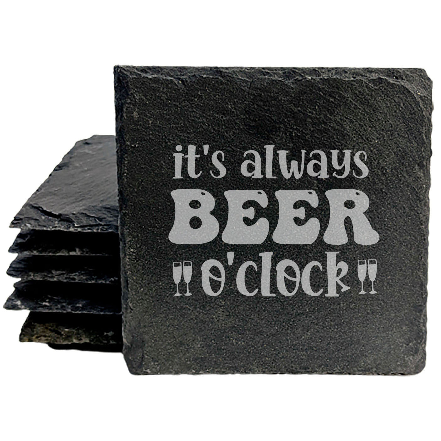 Beer Time Bliss: Slate Coasters Set - Laser Etched Beer Mugs Design - 'It's Always Beer O'Clock' - Fun Home Decor Cheers!
