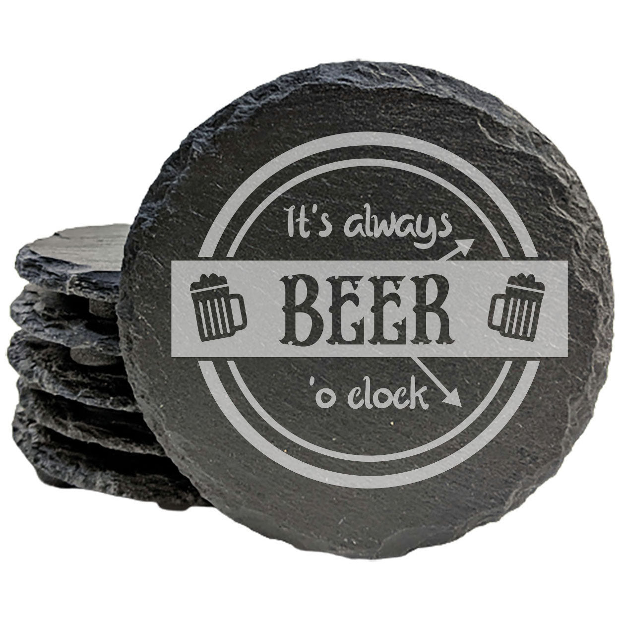 Beer Time Bliss: Slate Coasters Set - Laser Etched Beer Mugs Design - 'It's Always Beer O'Clock' - Fun Home Decor Cheers!