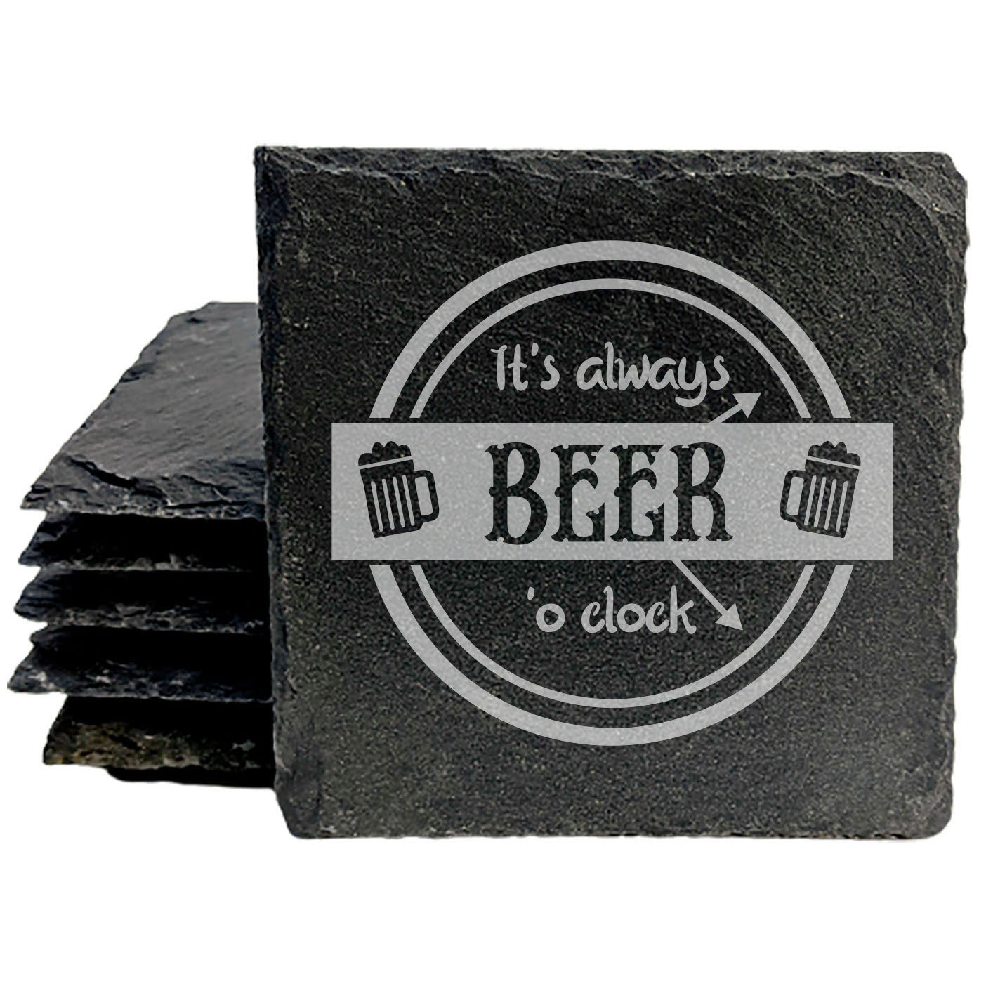 Beer Time Bliss: Slate Coasters Set - Laser Etched Beer Mugs Design - 'It's Always Beer O'Clock' - Fun Home Decor Cheers!