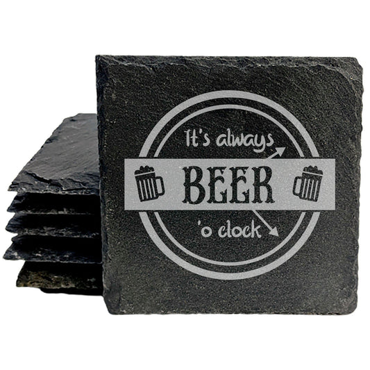 Beer Time Bliss: Slate Coasters Set - Laser Etched Beer Mugs Design - 'It's Always Beer O'Clock' - Fun Home Decor Cheers!
