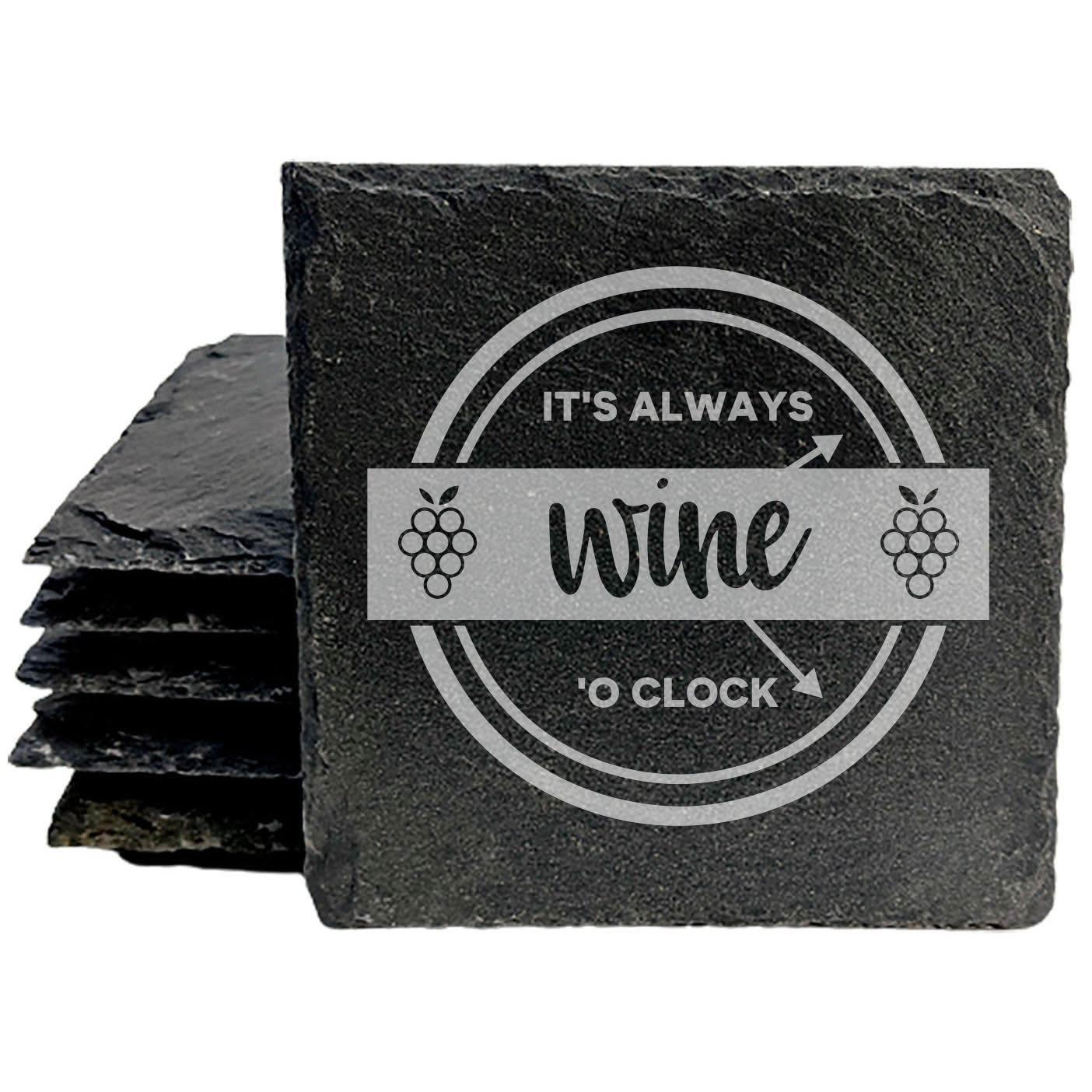 Wine O'Clock Slate Coasters: Grape Design, Laser-Etched Fun for Home Decor!
