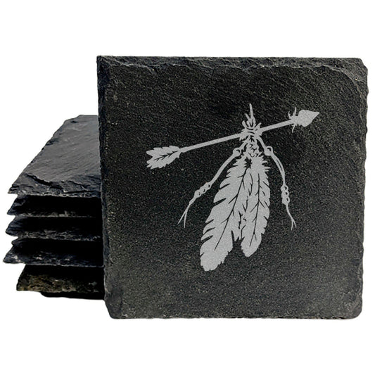 Spirit-Inspired Slate Coasters: Laser-Etched Feathers &amp; Native American Arrow Design - Unique Home Decor and Gift Set