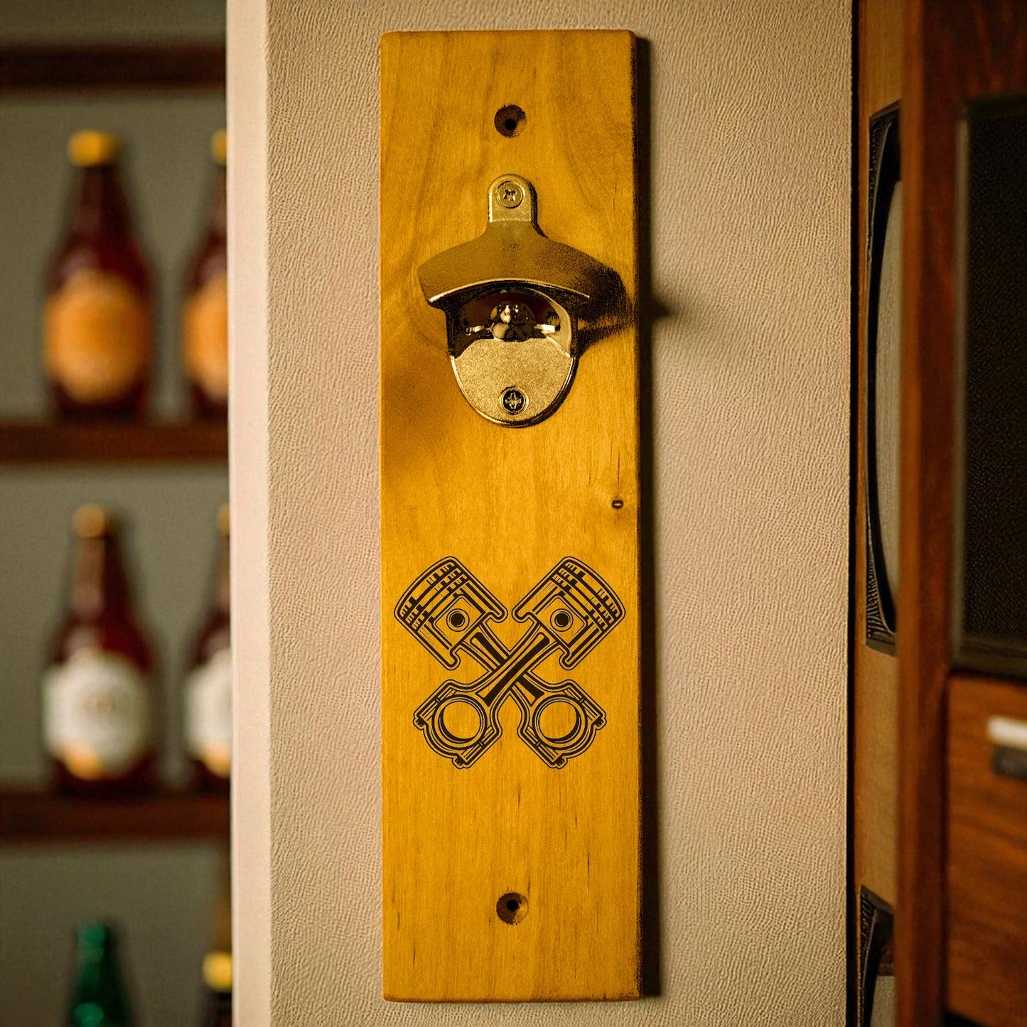 Crossed Pistons Wall Mount Bottle Opener