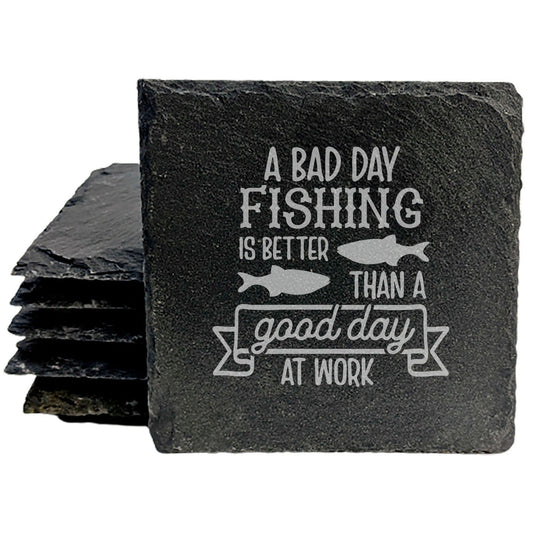 Funny Fishing Vibes Slate Coasters - Laser Etched Design: 'A Bad Day Fishing is Better Than a Good Day at Work' - Unique Home Decor &amp; Gift Idea