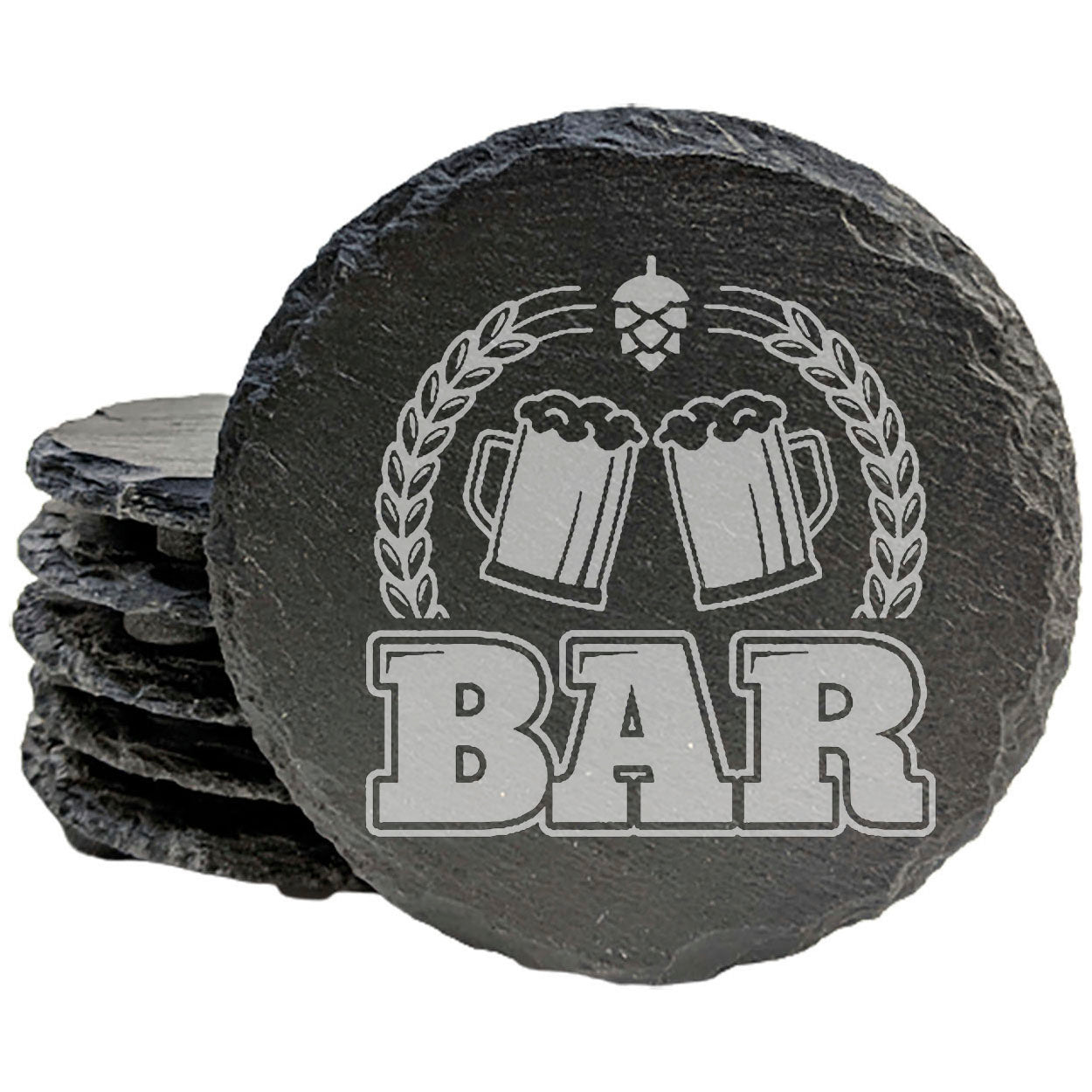 Beer Stein Bliss: BAR Etched Slate Coasters - Rustic Drink Mats with Wheat, Barley Design - Perfect Barware Gift Set