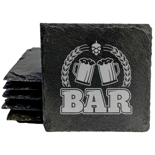Beer Stein Bliss: BAR Etched Slate Coasters - Rustic Drink Mats with Wheat, Barley Design - Perfect Barware Gift Set