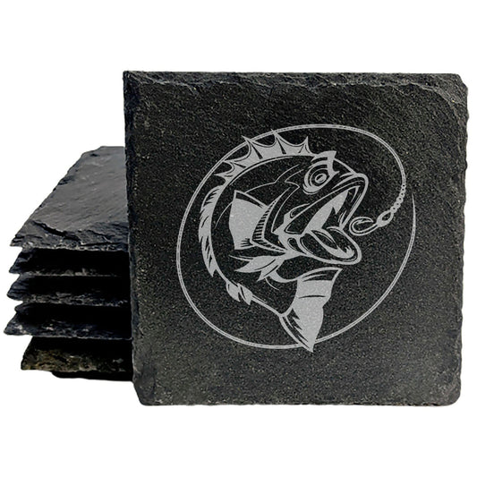 Fierce Bass Bites: Laser-Etched Slate Coasters - Unique Fishing-Themed Drink Mats for Home decor