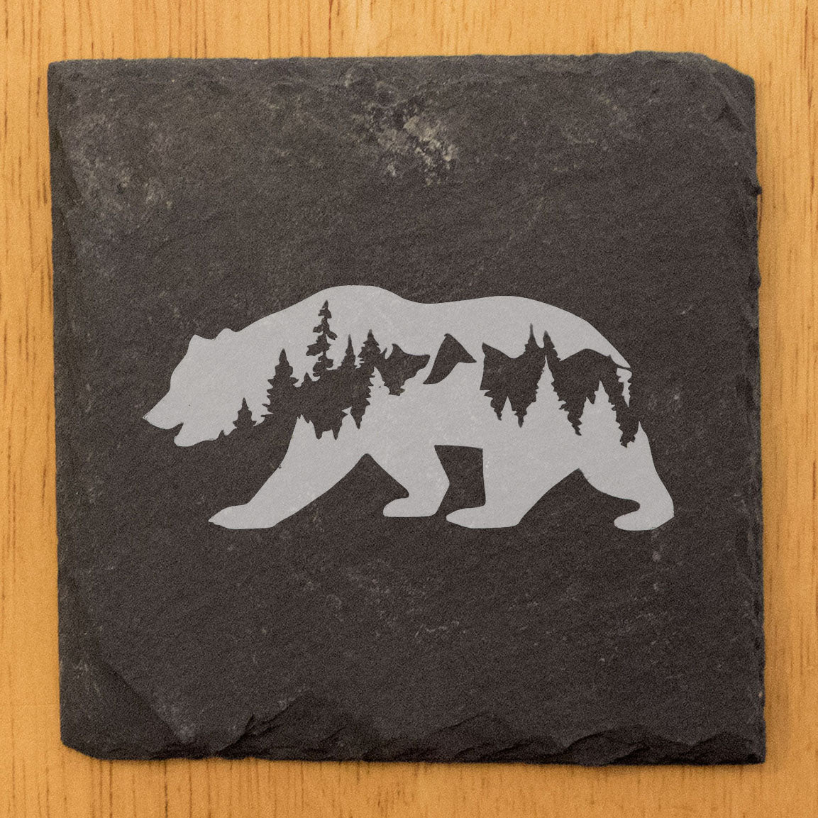 Bear Hug Coasters: Slate Drink Coasters with Laser-Etched Bear, Tree, and Mountain Design - Rustic Home Decor
