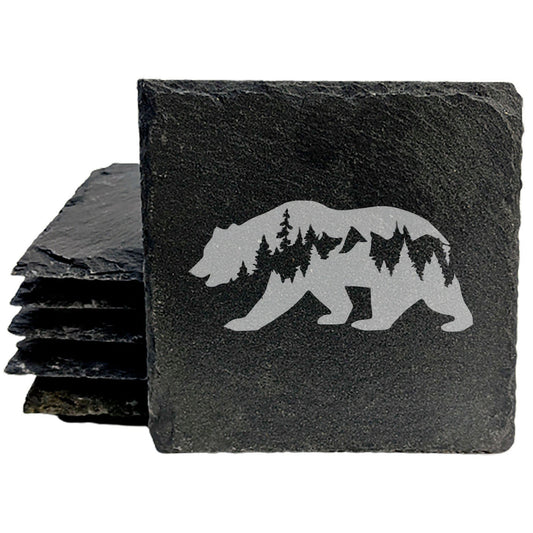 Bear Hug Coasters: Slate Drink Coasters with Laser-Etched Bear, Tree, and Mountain Design - Rustic Home Decor