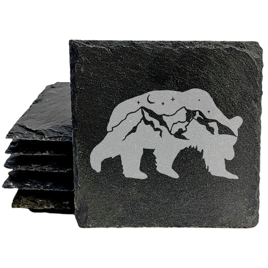 Bear Hug Night: Slate Coasters with Lunar Mountains - Laser Etched Fun &amp; Functional Set