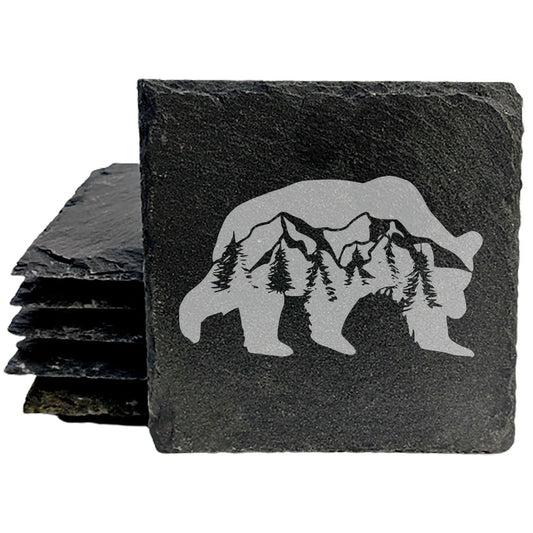 Bear Necessities: Slate Coasters with Majestic Mountain &amp; Tree Scene - Laser Etched Rustic Drink Mats for a Wildly Stylish Home! -  Round Slate - set of 4