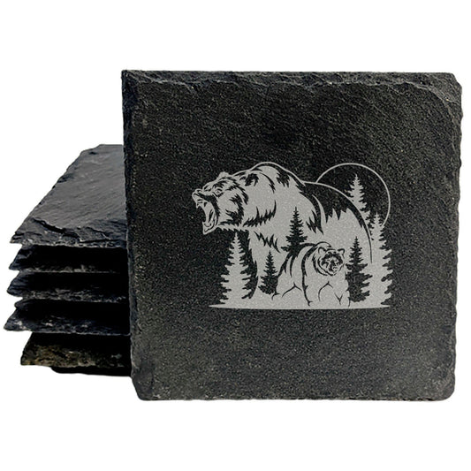 Bear Roar Slate Coasters - Laser Etched Design with Tree Scene and Full Moon - Rustic Home Decor Set