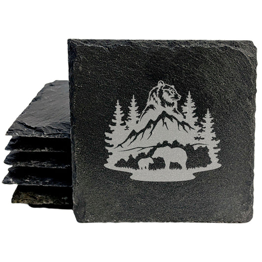 Bear Hug Adventure: Slate Coasters Set, Laser-Etched Male Bear, Mountain &amp; Tree Scene with Mother Bear and Cub - Unique Home Decor Gift