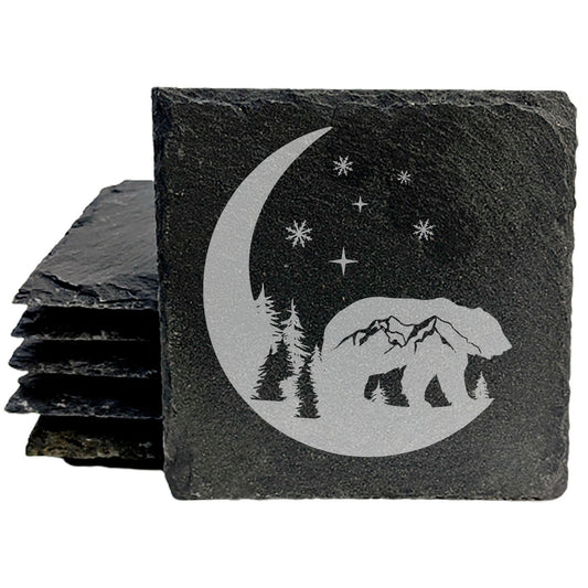 Mystic Moon and Stars Slate Coasters - Laser Etched Bear and Mountain Scene - Unique Home Decor Gift