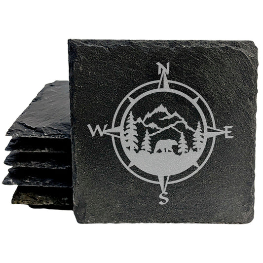 Slate Coasters: Wilderness Wonders - Laser Etched Nature Scene with Mountains, Trees, and Bear in Compass Center - Rustic Home Decor Gift