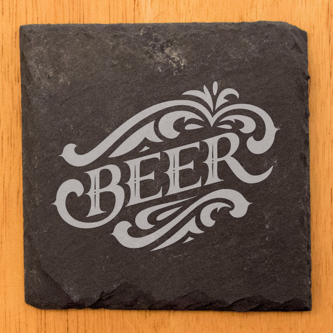 Rustic Slate Coasters: Vintage Laser Etched Beer Logo - Unique Gift for Weddings, Anniversaries, Man Cave