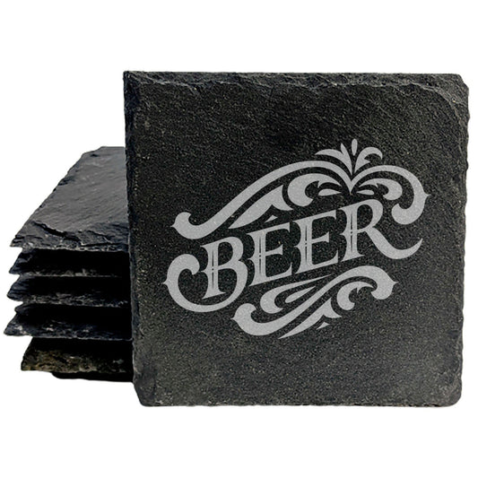 Rustic Slate Coasters: Vintage Laser Etched Beer Logo - Unique Gift for Weddings, Anniversaries, Man Cave