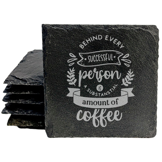 Crafted for Coffee Lovers: Natural Gray Slate Coasters with Laser-Etched "Successful" Coffee Quote