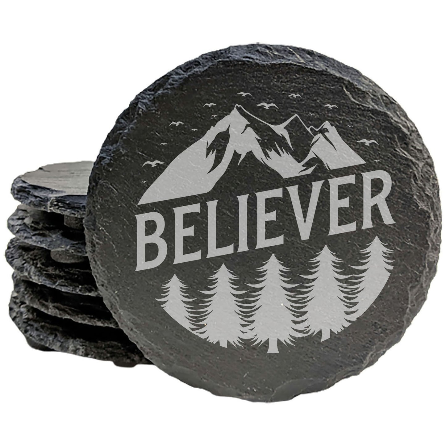 Adventure Awaits: Slate Coasters with Inspiring "Believer" Design - Housewarming Gift for Explorers - set of 4
