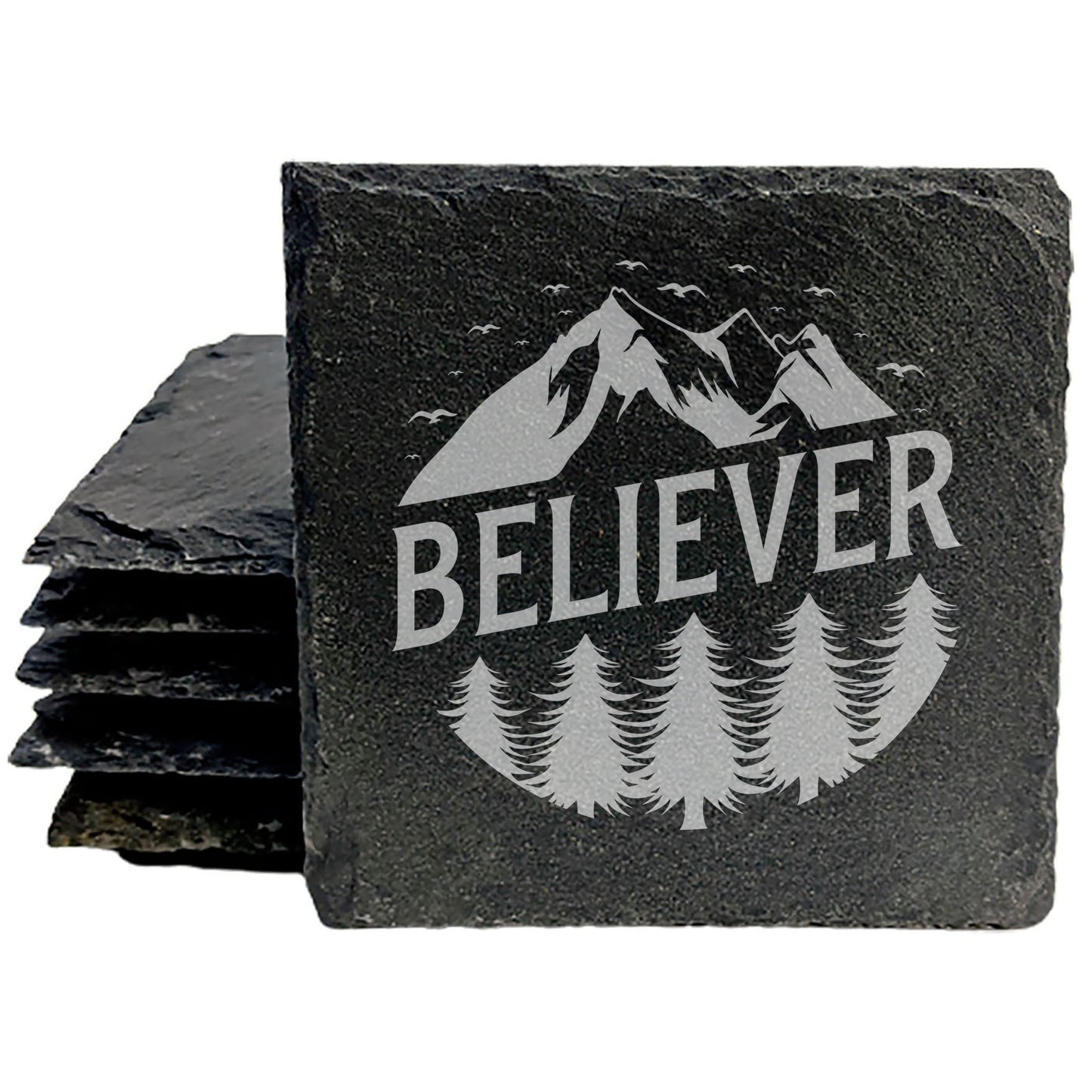 Adventure Awaits: Slate Coasters with Inspiring "Believer" Design - Housewarming Gift for Explorers - set of 4