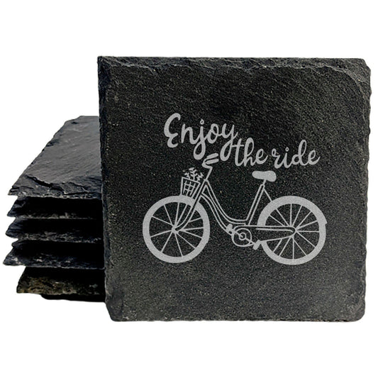 Enjoy the Ride - Crafted for Cyclists: Natural Gray Slate Coasters with Laser-Etched Design