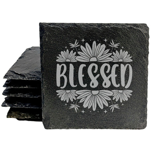 Find Your Happy Place: Floral "Blessed" Laser-Etched Slate Coasters