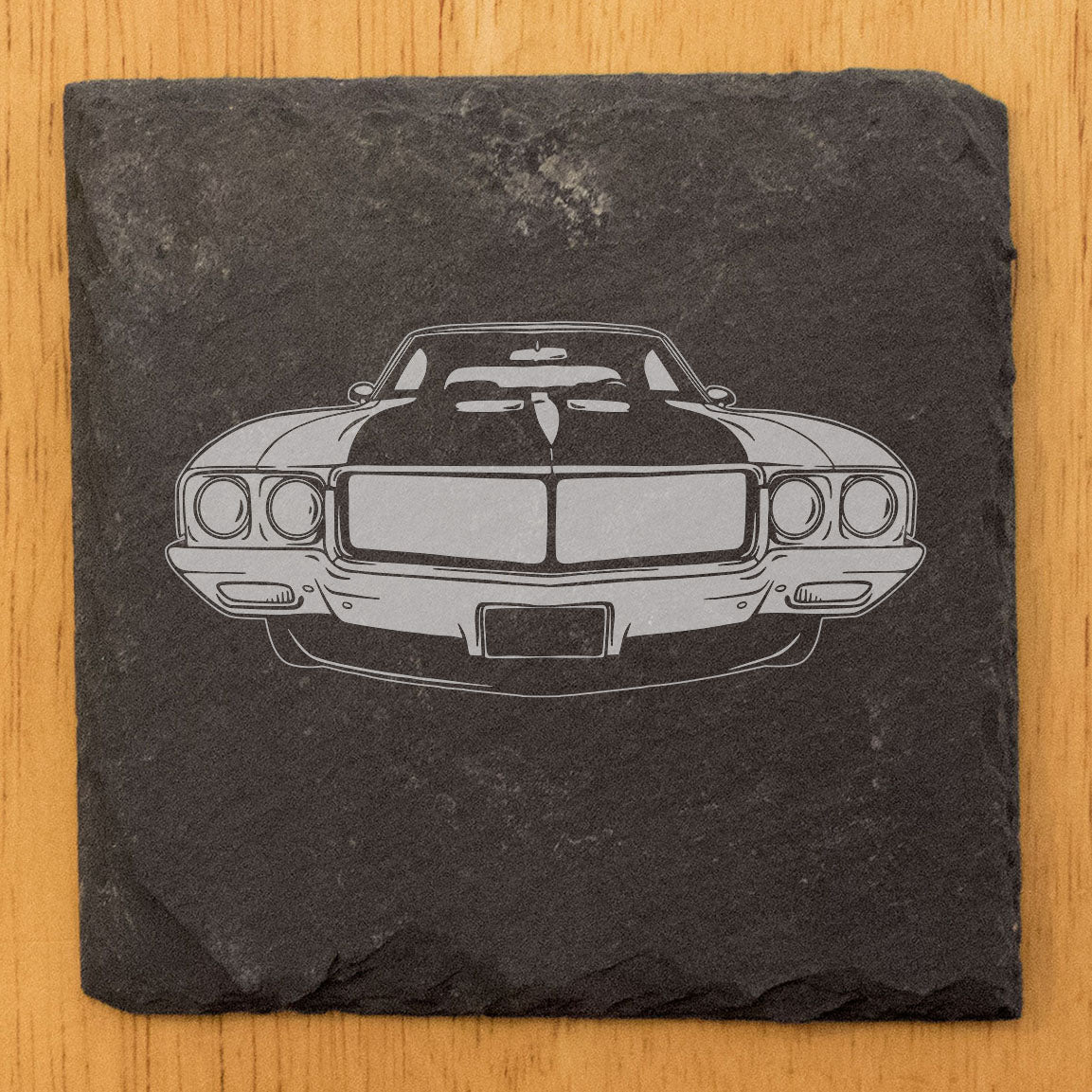 Rustic Gray Slate Coasters Set of 4 with 1970 Buick GSX Design, Perfect for Holidays, Birthdays, Housewarming, She-Shed or Man Cave, Made in Oregon, USA, 4" Round or Square, Gift-Ready Box