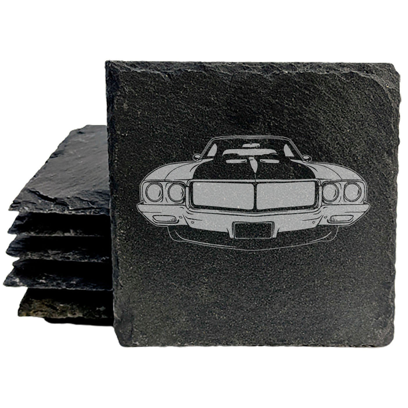 Rustic Gray Slate Coasters Set of 4 with 1970 Buick GSX Design, Perfect for Holidays, Birthdays, Housewarming, She-Shed or Man Cave, Made in Oregon, USA, 4" Round or Square, Gift-Ready Box