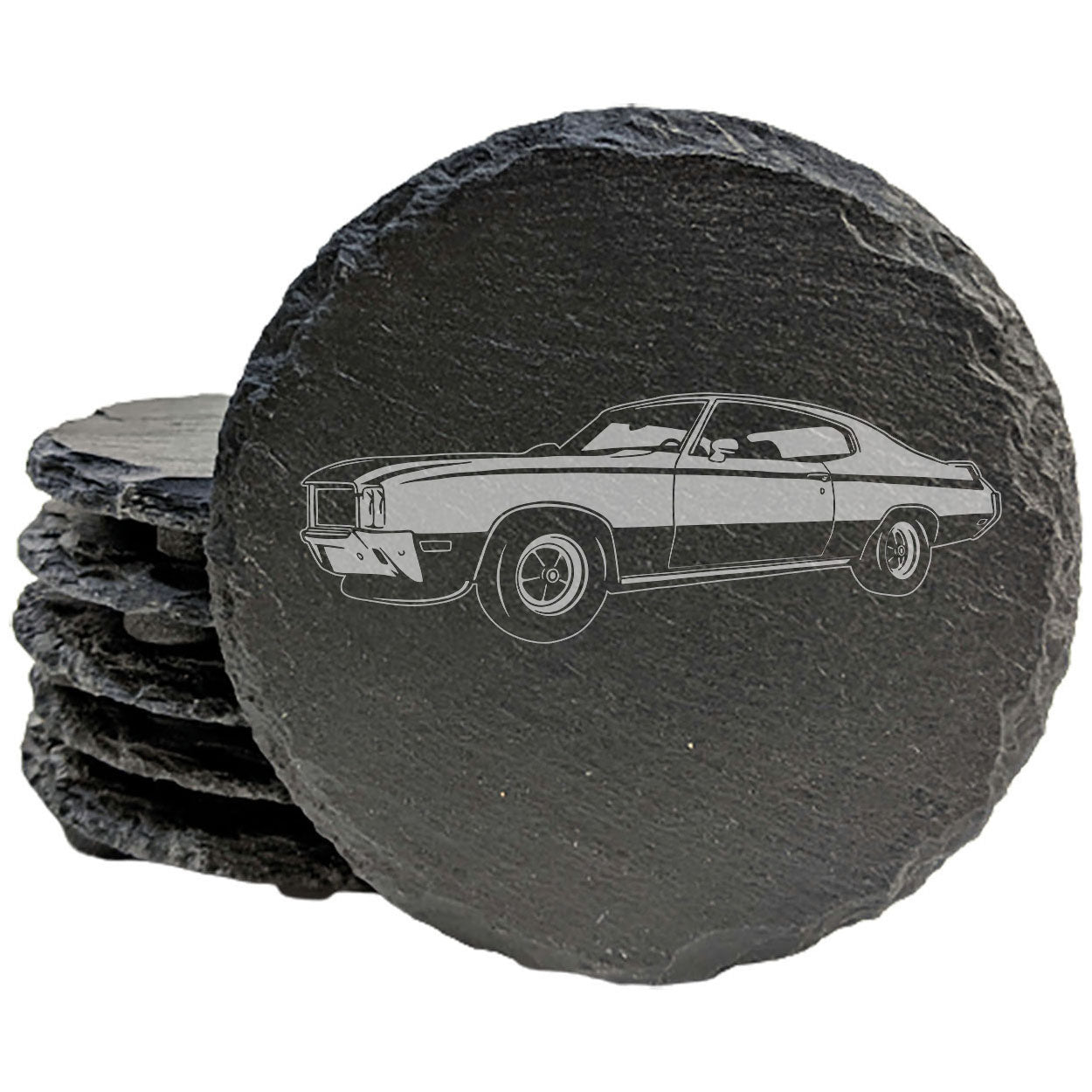 Rustic Gray Slate Coasters Set of 4 with 1970 Buick GSX Design, Perfect for Holidays, Birthdays, Housewarming, She-Shed or Man Cave, Made in Oregon, USA, 4" Round or Square, Gift-Ready Box