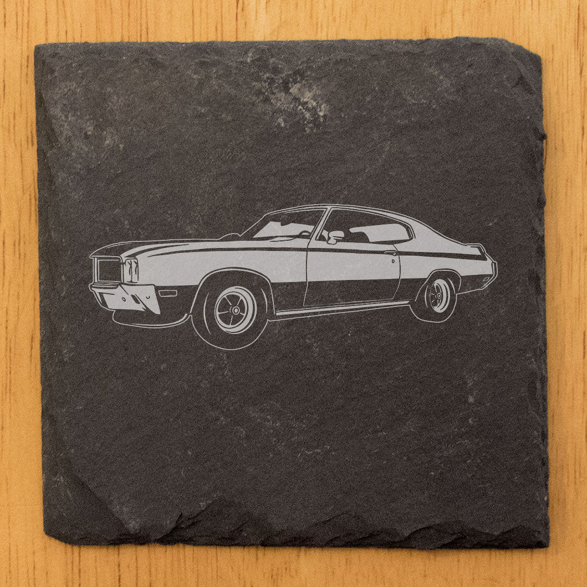 Rustic Gray Slate Coasters Set of 4 with 1970 Buick GSX Design, Perfect for Holidays, Birthdays, Housewarming, She-Shed or Man Cave, Made in Oregon, USA, 4" Round or Square, Gift-Ready Box