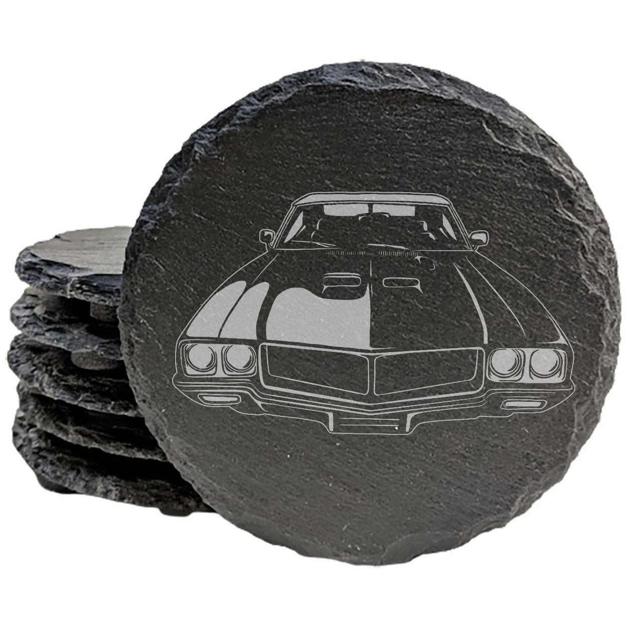 Rustic Slate Coasters Set with Laser-Etched Buick Gran Sport Image | Protect Surfaces, Chipped Edges, Rubber Feet | Unique Car Enthusiast Home Decor