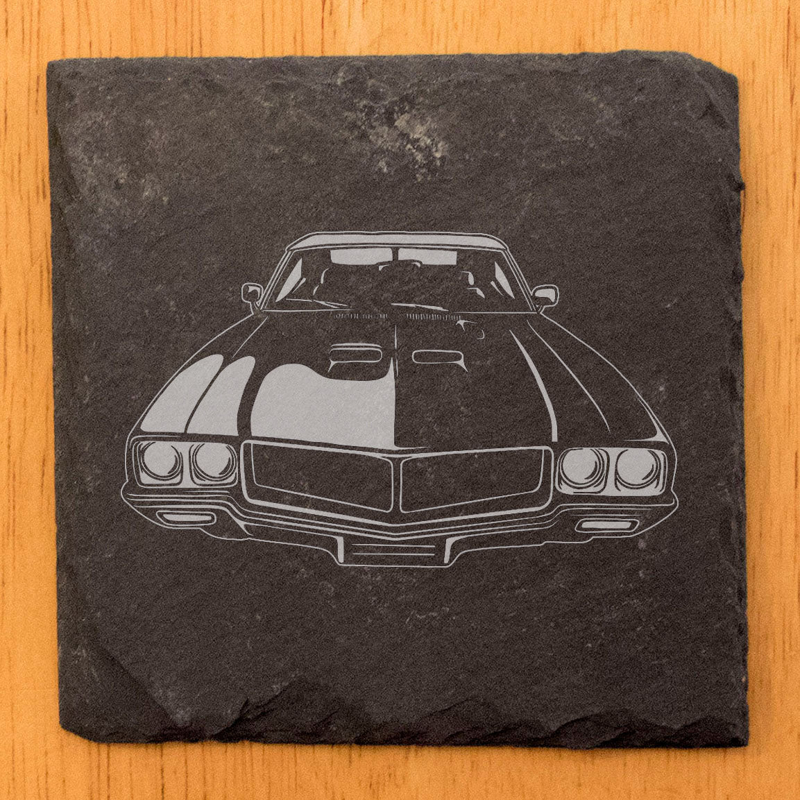 Rustic Slate Coasters Set with Laser-Etched Buick Gran Sport Image | Protect Surfaces, Chipped Edges, Rubber Feet | Unique Car Enthusiast Home Decor