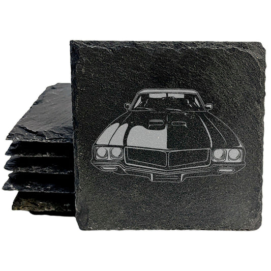 Rustic Slate Coasters Set with Laser-Etched Buick Gran Sport Image | Protect Surfaces, Chipped Edges, Rubber Feet | Unique Car Enthusiast Home Decor