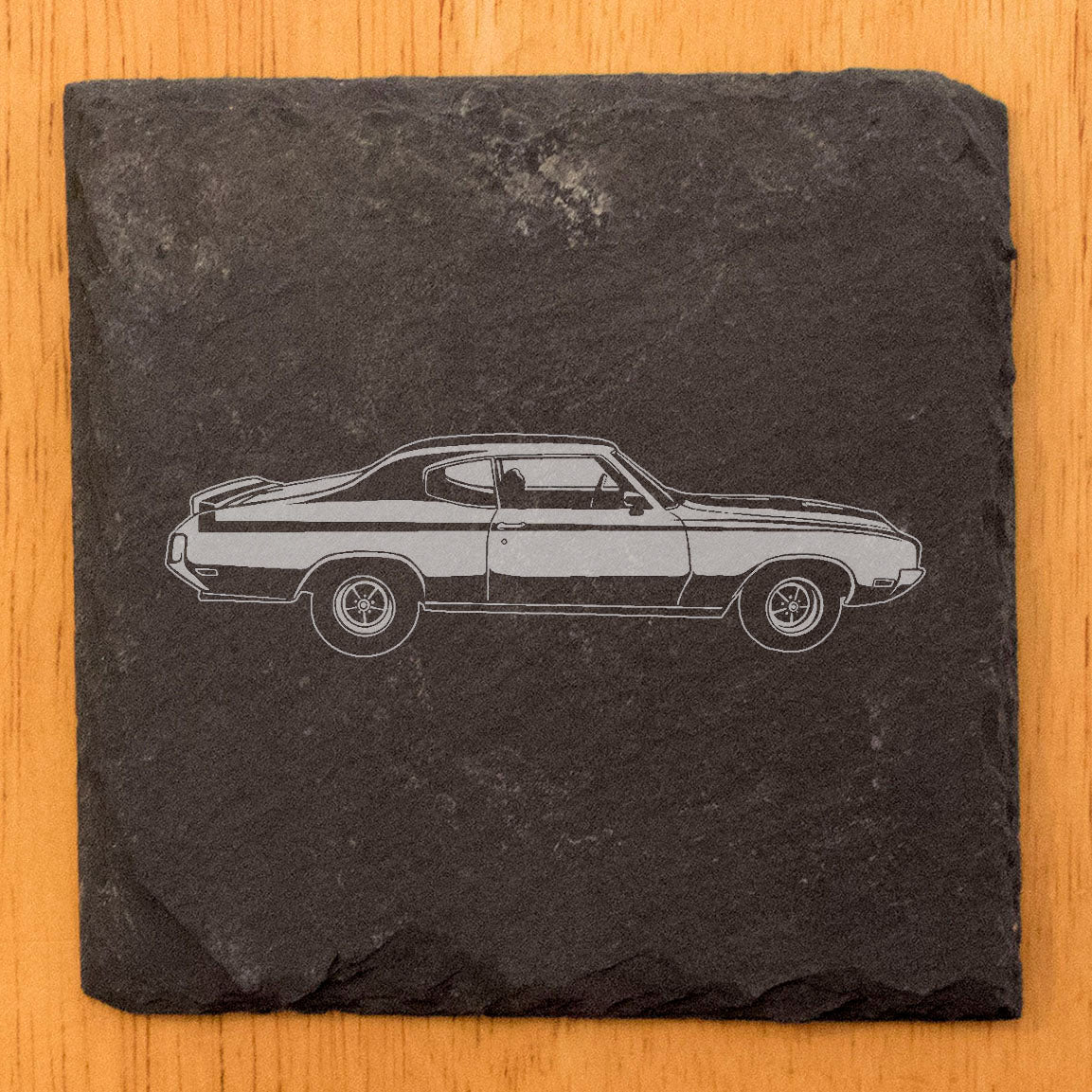 Rustic Slate Coasters Set with Laser-Etched 1970 Buick GSX Image | Chipped Edges, Rubber Feet | Home Decor Drink Mats