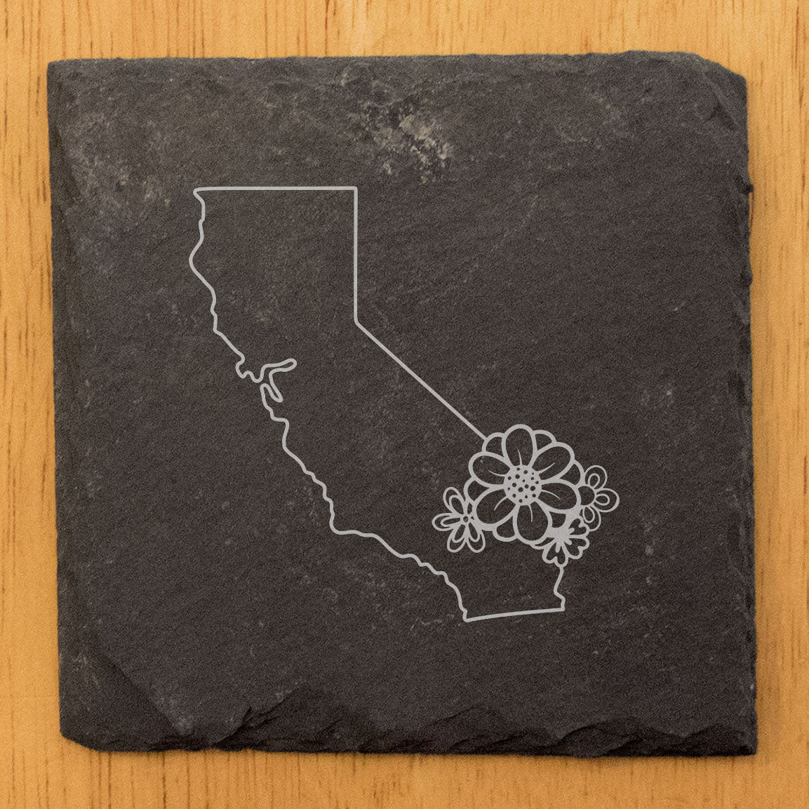Rustic Slate Coasters Set of 4 - Laser Etched California Design with Flower - Perfect Gift for Holidays, Birthdays, Housewarming - 4" Round or Square - Made in Oregon, USA - Natural Chipped Edge