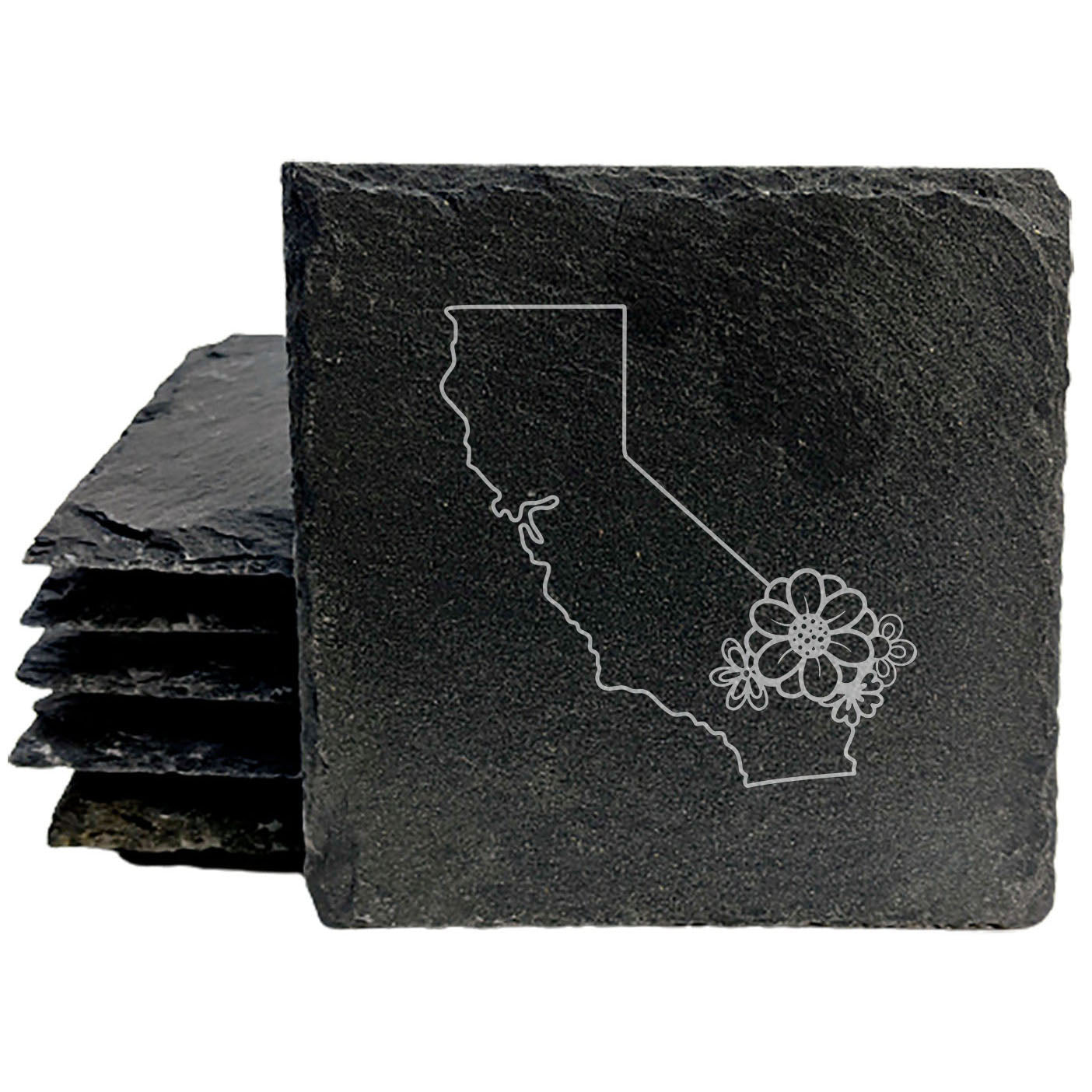 Rustic Slate Coasters Set of 4 - Laser Etched California Design with Flower - Perfect Gift for Holidays, Birthdays, Housewarming - 4" Round or Square - Made in Oregon, USA - Natural Chipped Edge