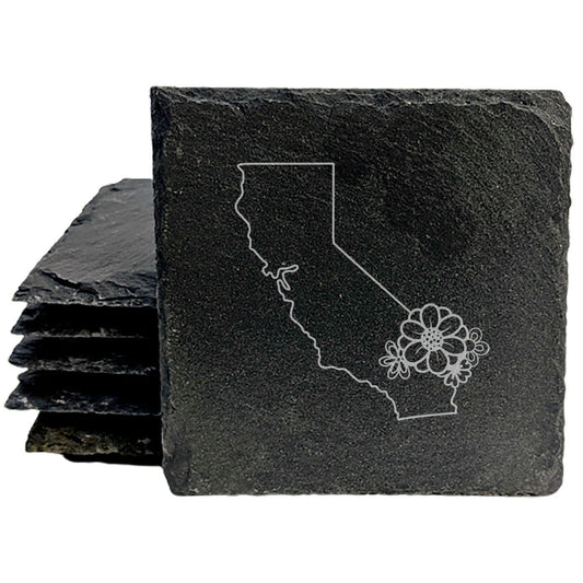 Rustic Slate Coasters Set of 4 - Laser Etched California Design with Flower - Perfect Gift for Holidays, Birthdays, Housewarming - 4" Round or Square - Made in Oregon, USA - Natural Chipped Edge