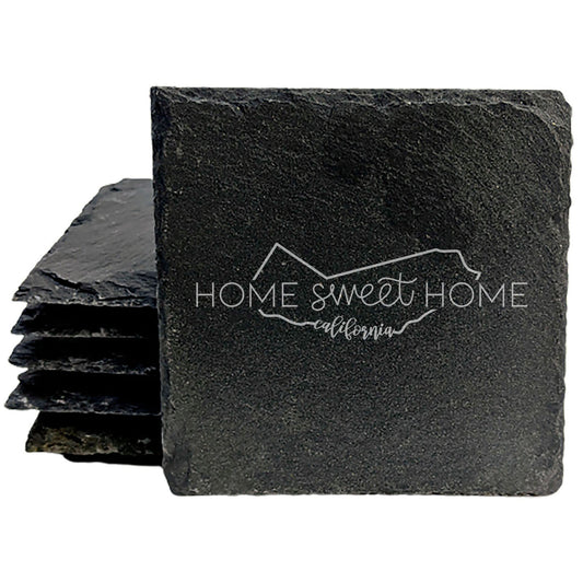 Rustic Slate Coasters Set of 4, Round 4" with 'Home Sweet Home' California Design, Perfect Gift for Holidays, Birthdays, Housewarming, She-Shed, Man Cave, Made in Oregon, USA, Natural Edge