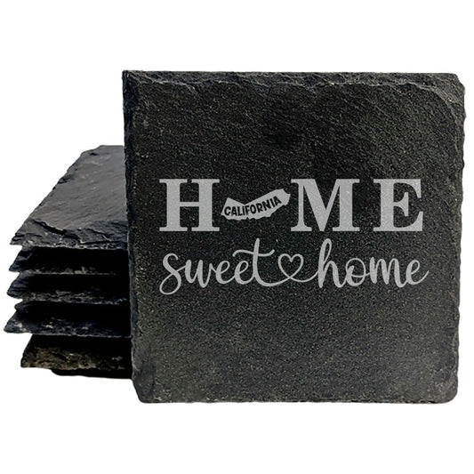 Rustic Slate Coasters Set of 4, 4" Round, Laser Etched 'HOME SWEET HOME' Design, Perfect Gift for Holidays, Birthdays, Housewarming, Made in Oregon, USA, Natural Chipped Edge, Rubber Feet