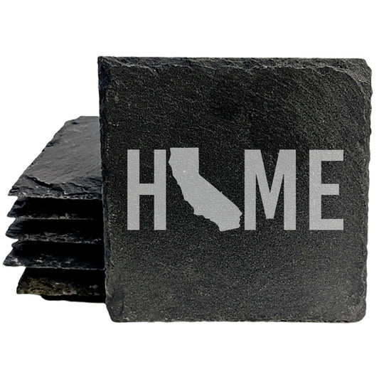 Rustic Slate Coasters Set of 4 - Laser Etched 'HOME' Design with California State - Perfect Gift for Holidays, Birthdays, Housewarming - 4" Round, Natural Chipped Edge, Made in Oregon, USA