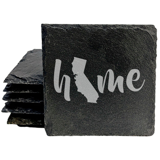Rustic Slate Coasters Set of 4 - Laser Etched 'Home' Design with California State - Perfect Gift for Holidays, Birthdays, Housewarming - 4" Round/Square - Made in Oregon, USA - Natural Edge