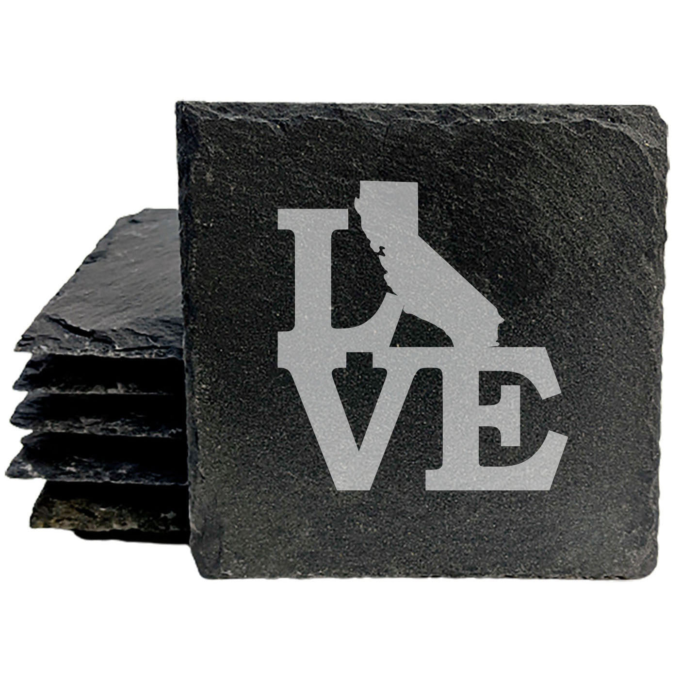 Rustic Slate Coasters Set of 4, Laser Etched 'LOVE' Design with California State, 4" Round, Natural Chipped Edge, Rubber Feet, Perfect Gift for Holidays, Birthdays, Housewarming, Made in USA