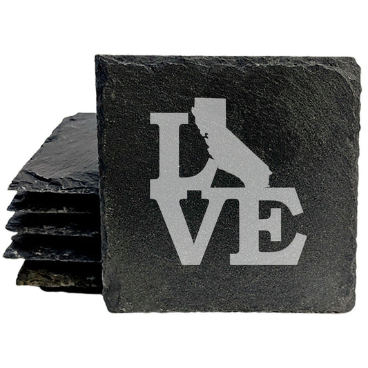 Rustic Slate Coasters Set of 4, Laser Etched 'LOVE' Design with California State, 4" Round, Natural Chipped Edge, Rubber Feet, Perfect Gift for Holidays, Birthdays, Housewarming, Made in USA