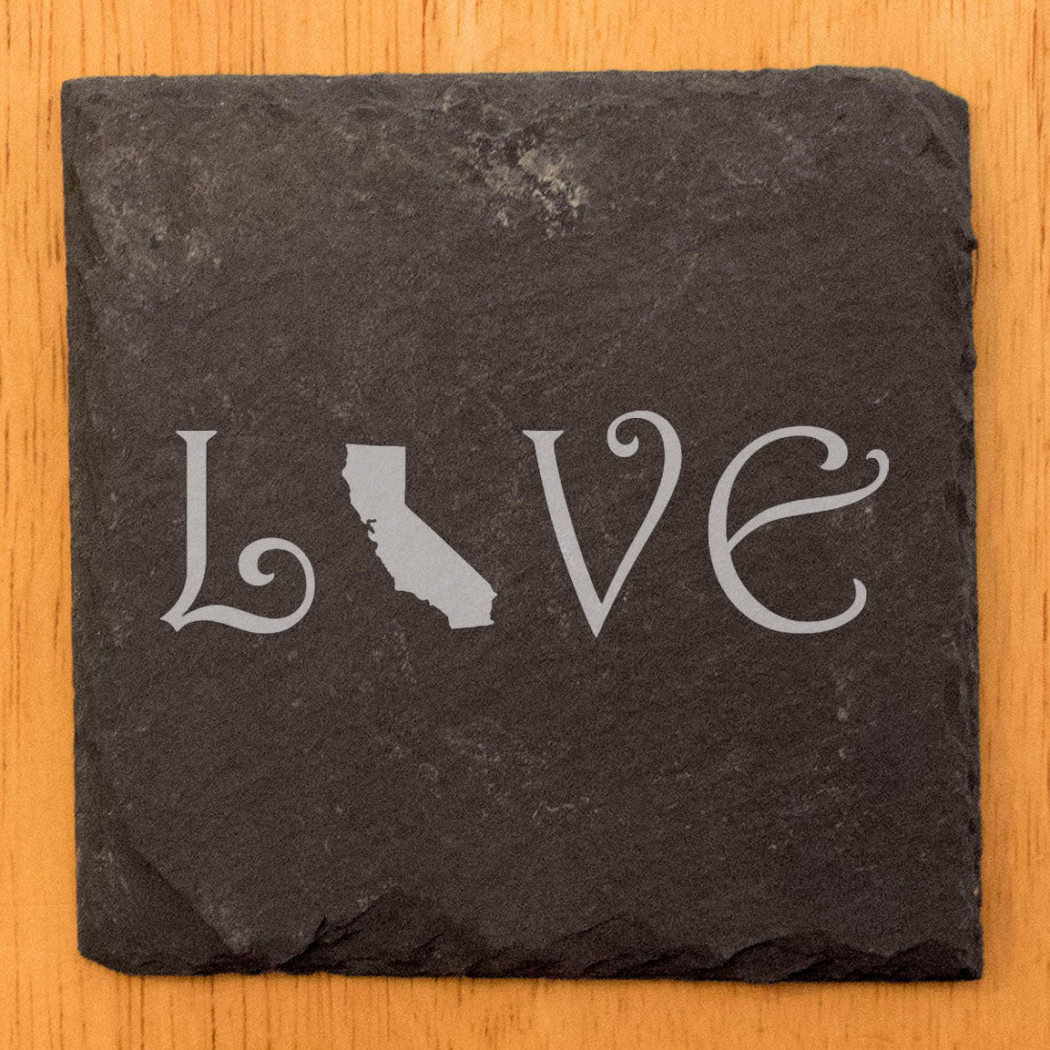 Rustic Slate Coasters Set of 4 - Laser Etched 'LOVE' Design with California State - Perfect Gift for Holidays, Birthdays, Housewarming - 4" Square, Natural Chipped Edge, Made in Oregon, USA